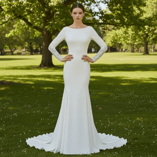 High Boat Neckline Satin Long Sleeve Sheath Wedding Dress - Rosymae