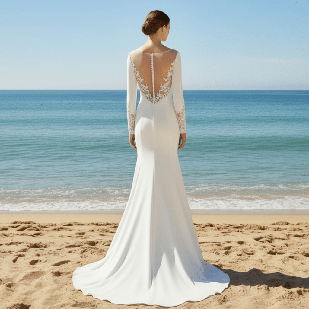 High Boat Neckline Satin Long Sleeve Sheath Wedding Dress - Rosymae