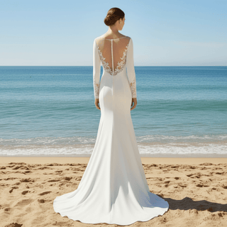 High Boat Neckline Satin Long Sleeve Sheath Wedding Dress - Rosymae