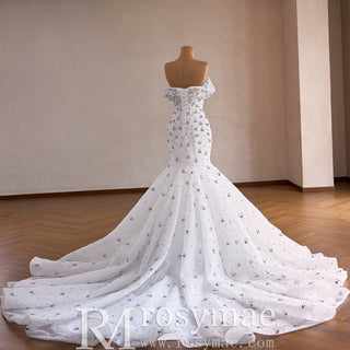 High-Density Silver Floral Beaded on Sparkly Tulle Wedding Dress with Chapel Pooling Train - Rosymae