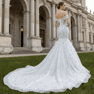 High-Density Silver Floral Beaded on Sparkly Tulle Wedding Dress with Chapel Pooling Train - Rosymae