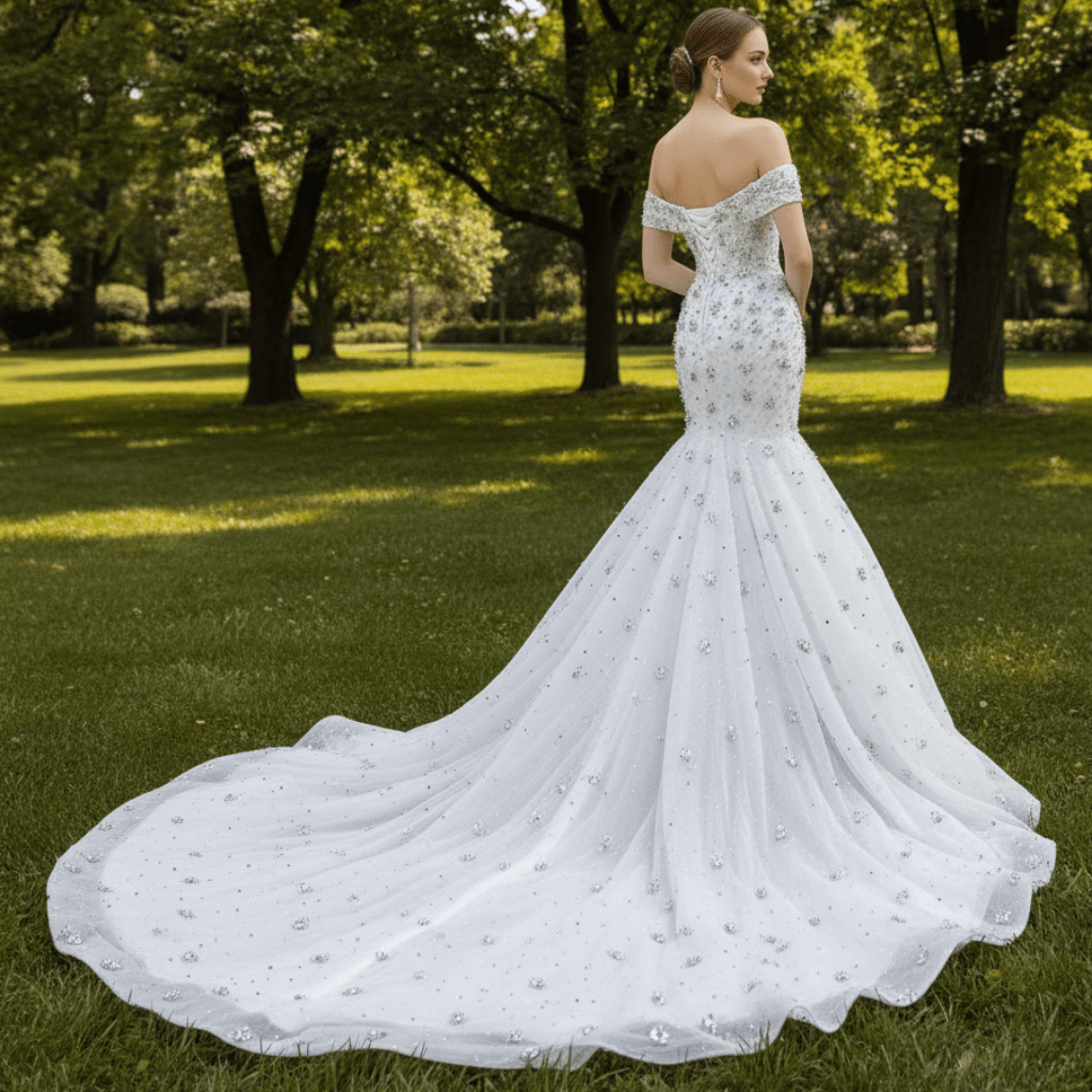 High-Density Silver Floral Beaded on Sparkly Tulle Wedding Dress with Chapel Pooling Train - Rosymae