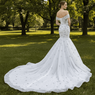 High-Density Silver Floral Beaded on Sparkly Tulle Wedding Dress with Chapel Pooling Train - Rosymae