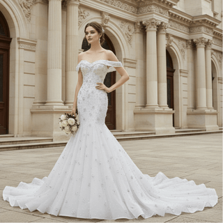 High-Density Silver Floral Beaded on Sparkly Tulle Wedding Dress with Chapel Pooling Train - Rosymae