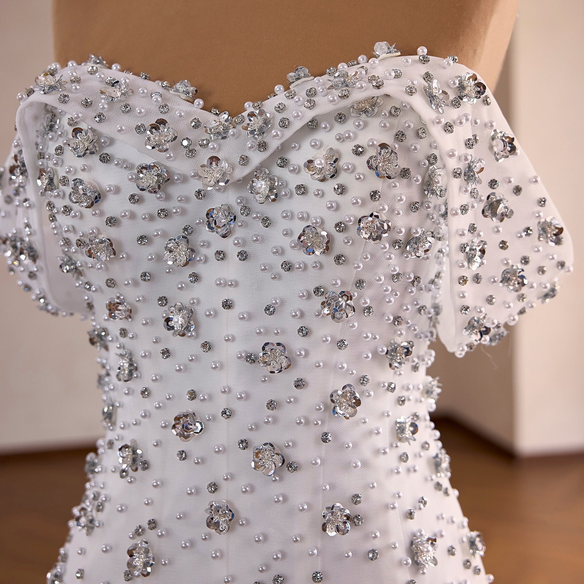High-Density Silver Floral Beaded on Sparkly Tulle Wedding Dress with Chapel Pooling Train - Rosymae