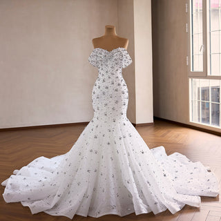 High-Density Silver Floral Beaded on Sparkly Tulle Wedding Dress with Chapel Pooling Train - Rosymae