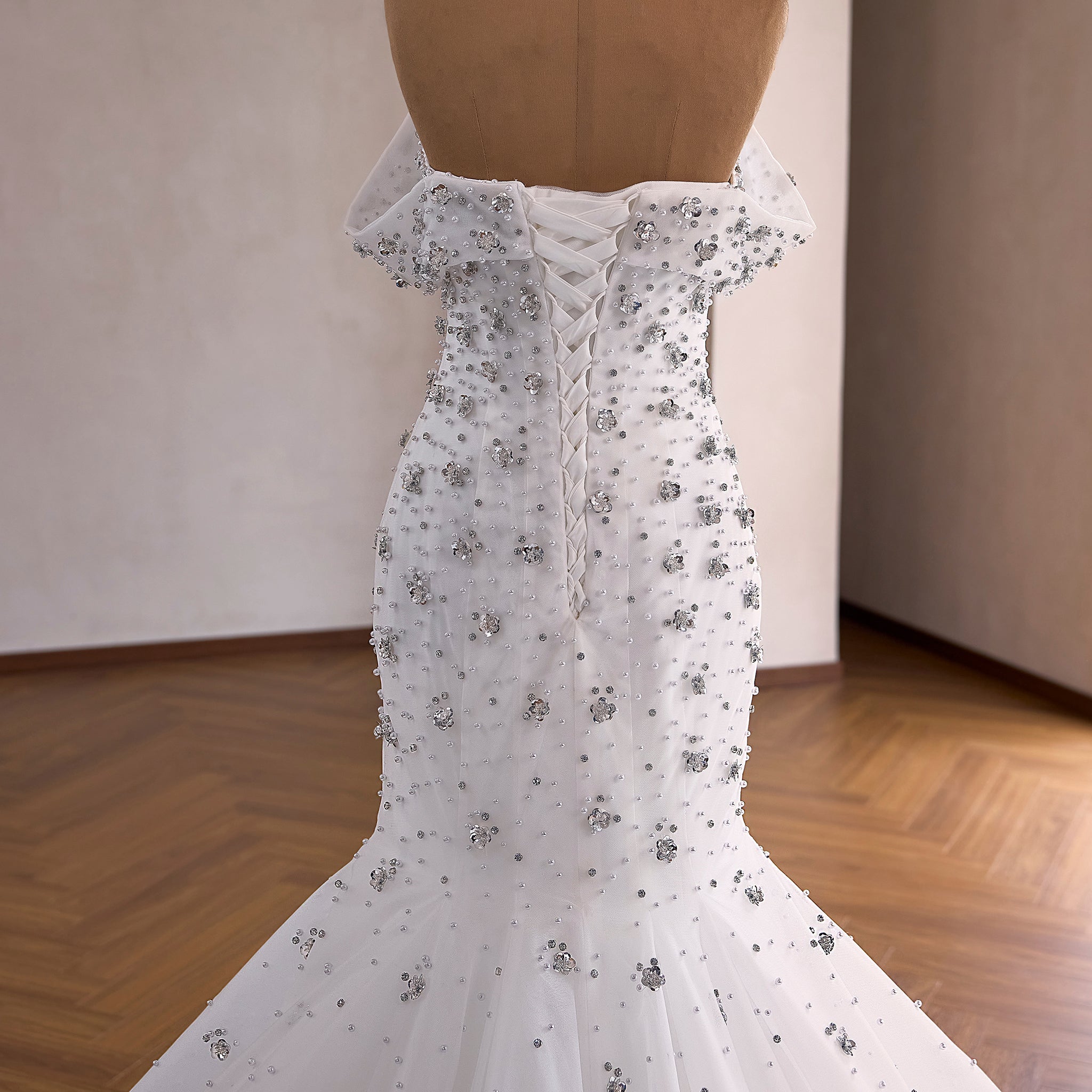 High-Density Silver Floral Beaded on Sparkly Tulle Wedding Dress with Chapel Pooling Train - Rosymae