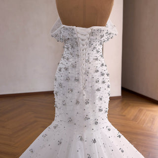 High-Density Silver Floral Beaded on Sparkly Tulle Wedding Dress with Chapel Pooling Train - Rosymae
