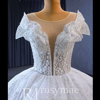 High-end Ball Gown Puffy Skirt Wedding Dress with Sheer Scoop Neck - Rosymae