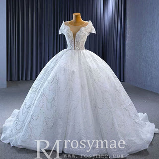 High-end Ball Gown Puffy Skirt Wedding Dress with Sheer Scoop Neck - Rosymae