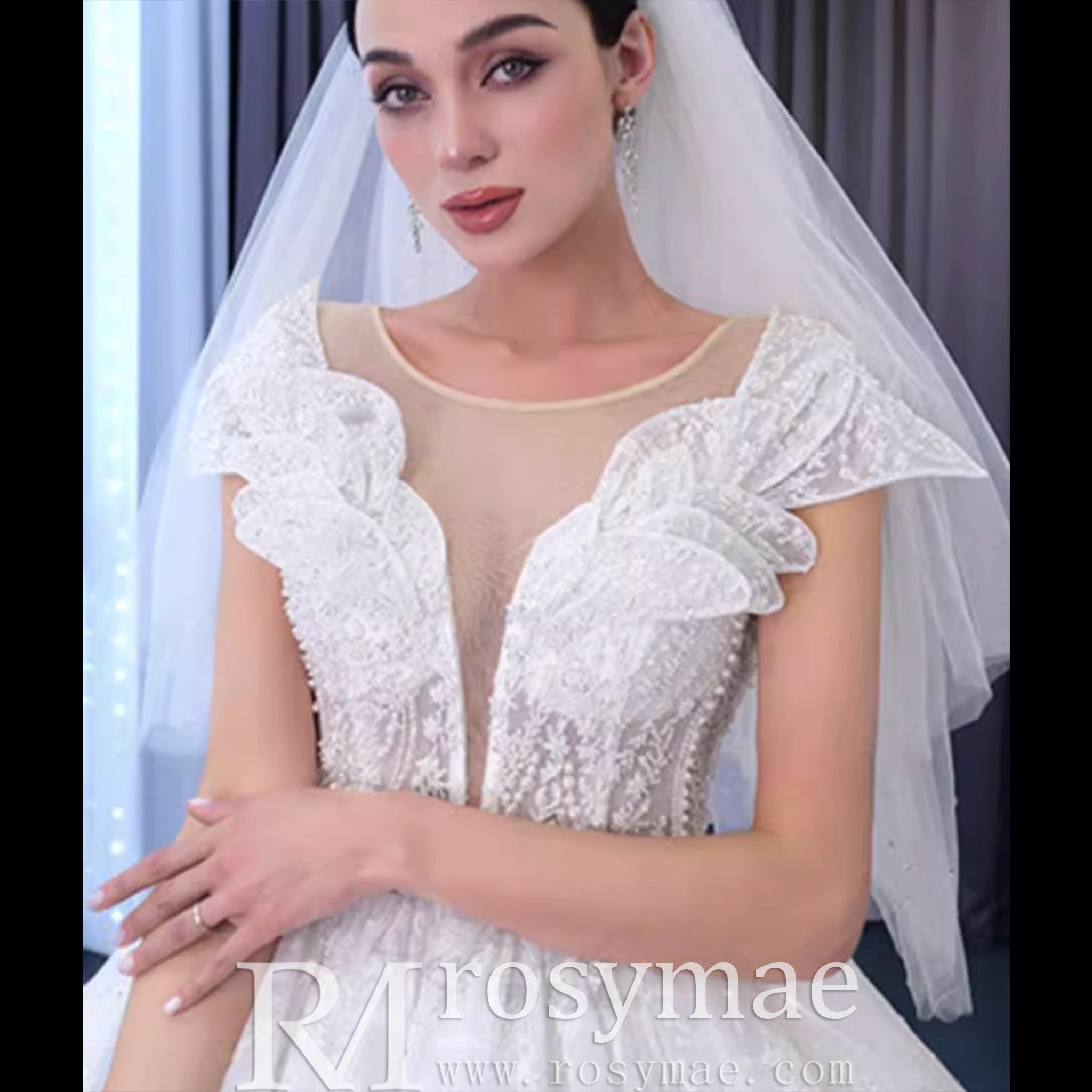 High-end Ball Gown Puffy Skirt Wedding Dress with Sheer Scoop Neck - Rosymae