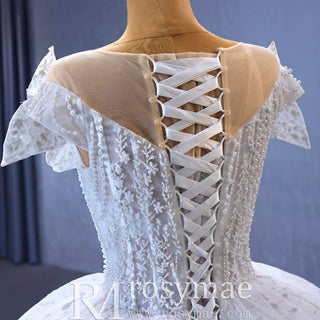 High-end Ball Gown Puffy Skirt Wedding Dress with Sheer Scoop Neck - Rosymae