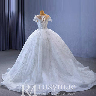 High-end Ball Gown Puffy Skirt Wedding Dress with Sheer Scoop Neck - Rosymae
