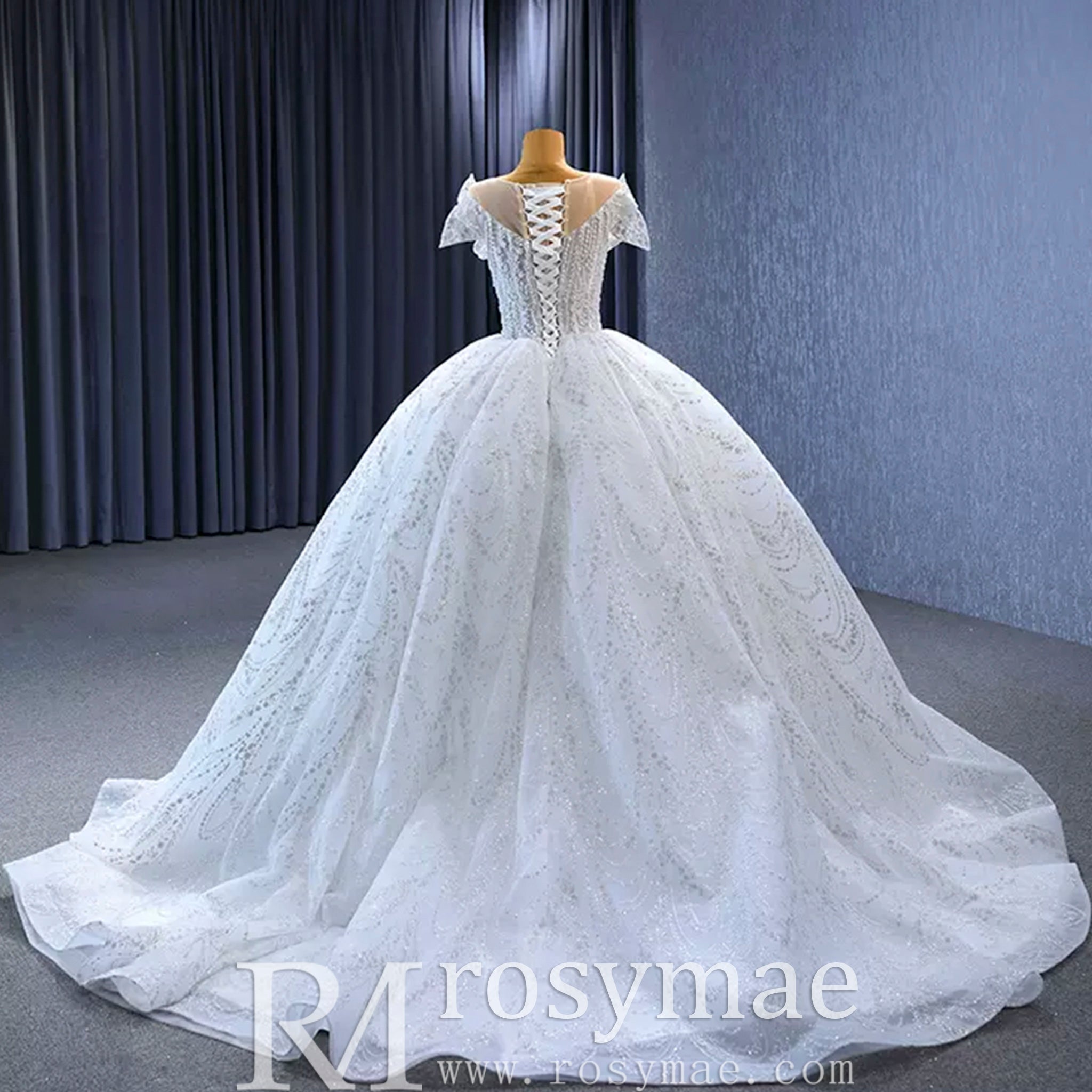 High-end Ball Gown Puffy Skirt Wedding Dress with Sheer Scoop Neck - Rosymae