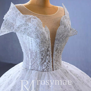 High-end Ball Gown Puffy Skirt Wedding Dress with Sheer Scoop Neck - Rosymae