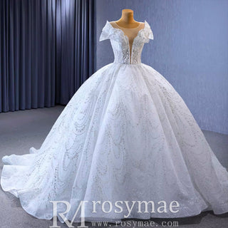High-end Ball Gown Puffy Skirt Wedding Dress with Sheer Scoop Neck - Rosymae