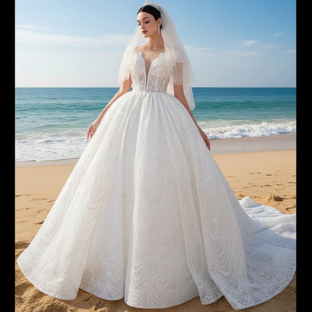 High-end Ball Gown Puffy Skirt Wedding Dress with Sheer Scoop Neck - Rosymae