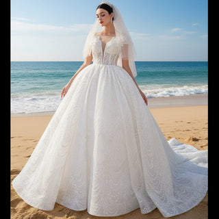 High-end Ball Gown Puffy Skirt Wedding Dress with Sheer Scoop Neck - Rosymae