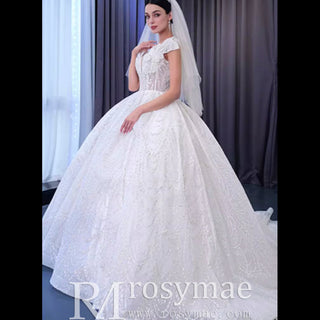 High-end Ball Gown Puffy Skirt Wedding Dress with Sheer Scoop Neck - Rosymae