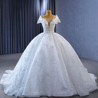 High-end Ball Gown Puffy Skirt Wedding Dress with Sheer Scoop Neck - Rosymae