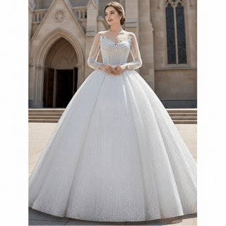 High-end Ball Gown Sparkly Wedding Dress with Long Sleeve - Rosymae