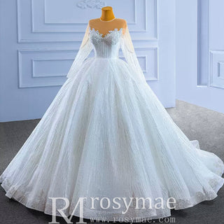 High-end Ball Gown Sparkly Wedding Dress with Long Sleeve - Rosymae