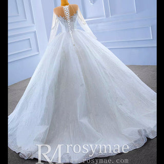 High-end Ball Gown Sparkly Wedding Dress with Long Sleeve - Rosymae