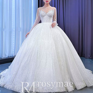 High-end Ball Gown Sparkly Wedding Dress with Long Sleeve - Rosymae