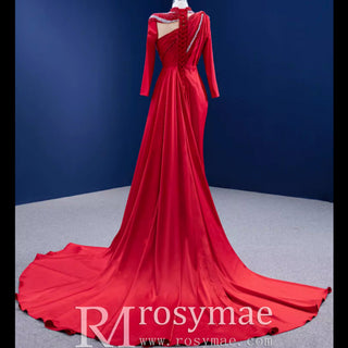 High-end Beading Pearl Sequins Evening Dress with Long Sleeve - Rosymae