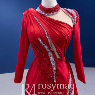 High-end Beading Pearl Sequins Evening Dress with Long Sleeve - Rosymae