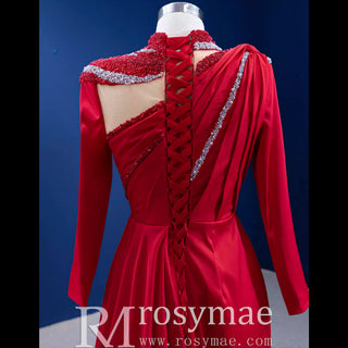 High-end Beading Pearl Sequins Evening Dress with Long Sleeve - Rosymae