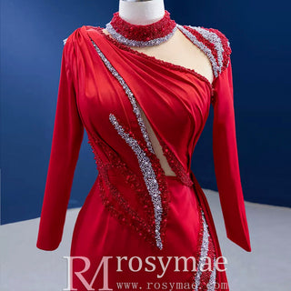 High-end Beading Pearl Sequins Evening Dress with Long Sleeve - Rosymae