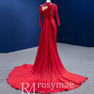 High-end Beading Pearl Sequins Evening Dress with Long Sleeve - Rosymae
