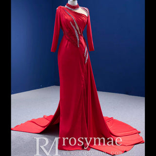 High-end Beading Pearl Sequins Evening Dress with Long Sleeve - Rosymae