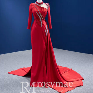 High-end Beading Pearl Sequins Evening Dress with Long Sleeve - Rosymae