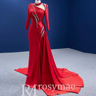 High-end Beading Pearl Sequins Evening Dress with Long Sleeve - Rosymae