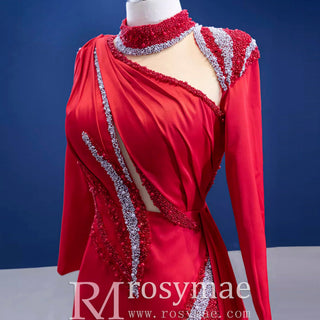 High-end Beading Pearl Sequins Evening Dress with Long Sleeve - Rosymae