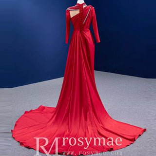 High-end Beading Pearl Sequins Evening Dress with Long Sleeve - Rosymae