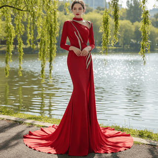 High-end Beading Pearl Sequins Evening Dress with Long Sleeve - Rosymae