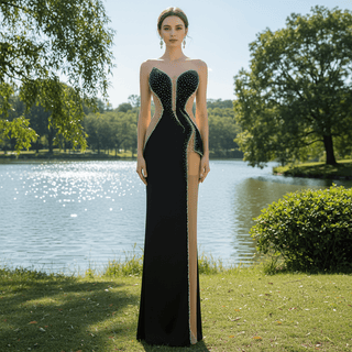 High-end Black Beading Sequins Evening Dress Formal Prom Gown - Rosymae