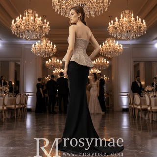 High-end Black & Champagne Rhinestone Evening Gown Mermaid Bridal Formal Dress - Rosymae
