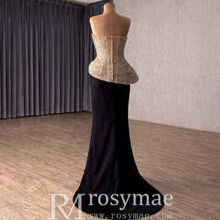 High-end Black & Champagne Rhinestone Evening Gown Mermaid Bridal Formal Dress - Rosymae