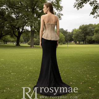 High-end Black & Champagne Rhinestone Evening Gown Mermaid Bridal Formal Dress - Rosymae