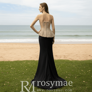 High-end Black & Champagne Rhinestone Evening Gown Mermaid Bridal Formal Dress - Rosymae