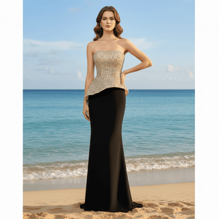 High-end Black & Champagne Rhinestone Evening Gown Mermaid Bridal Formal Dress - Rosymae