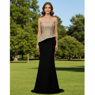 High-end Black & Champagne Rhinestone Evening Gown Mermaid Bridal Formal Dress - Rosymae
