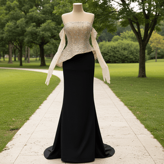 High-end Black & Champagne Rhinestone Evening Gown Mermaid Bridal Formal Dress - Rosymae