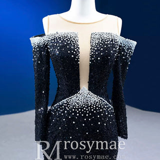 High-end Black Off the Shoulder Wedding Dress Sparkly Evening Dress - Rosymae