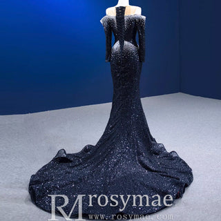 High-end Black Off the Shoulder Wedding Dress Sparkly Evening Dress - Rosymae