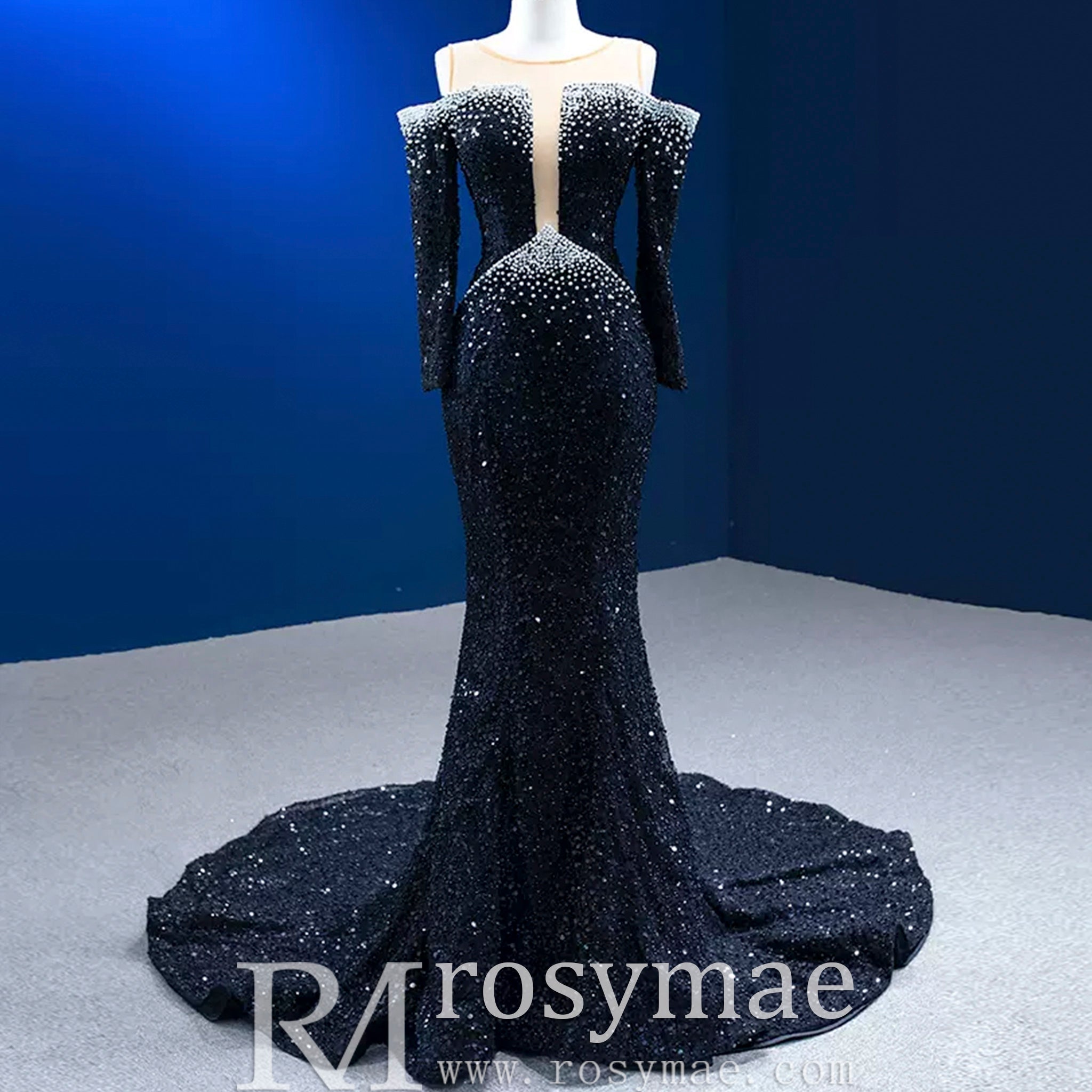 High-end Black Off the Shoulder Wedding Dress Sparkly Evening Dress - Rosymae